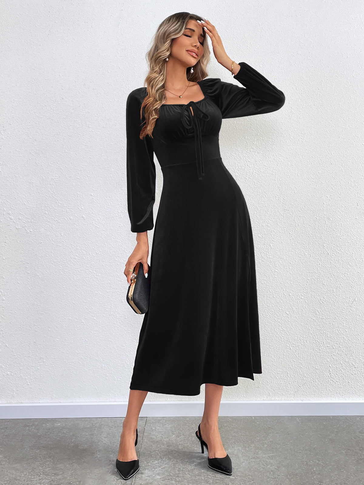 Velvet Midi Dress with Long Lantern Sleeves — Square Neck Cocktail Style with Side Slit