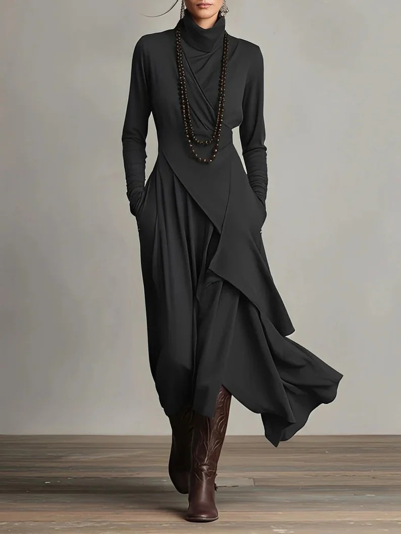 Turtleneck Maxi Dress — Long Sleeve Asymmetric Draped Skirt with Pockets in Viscose