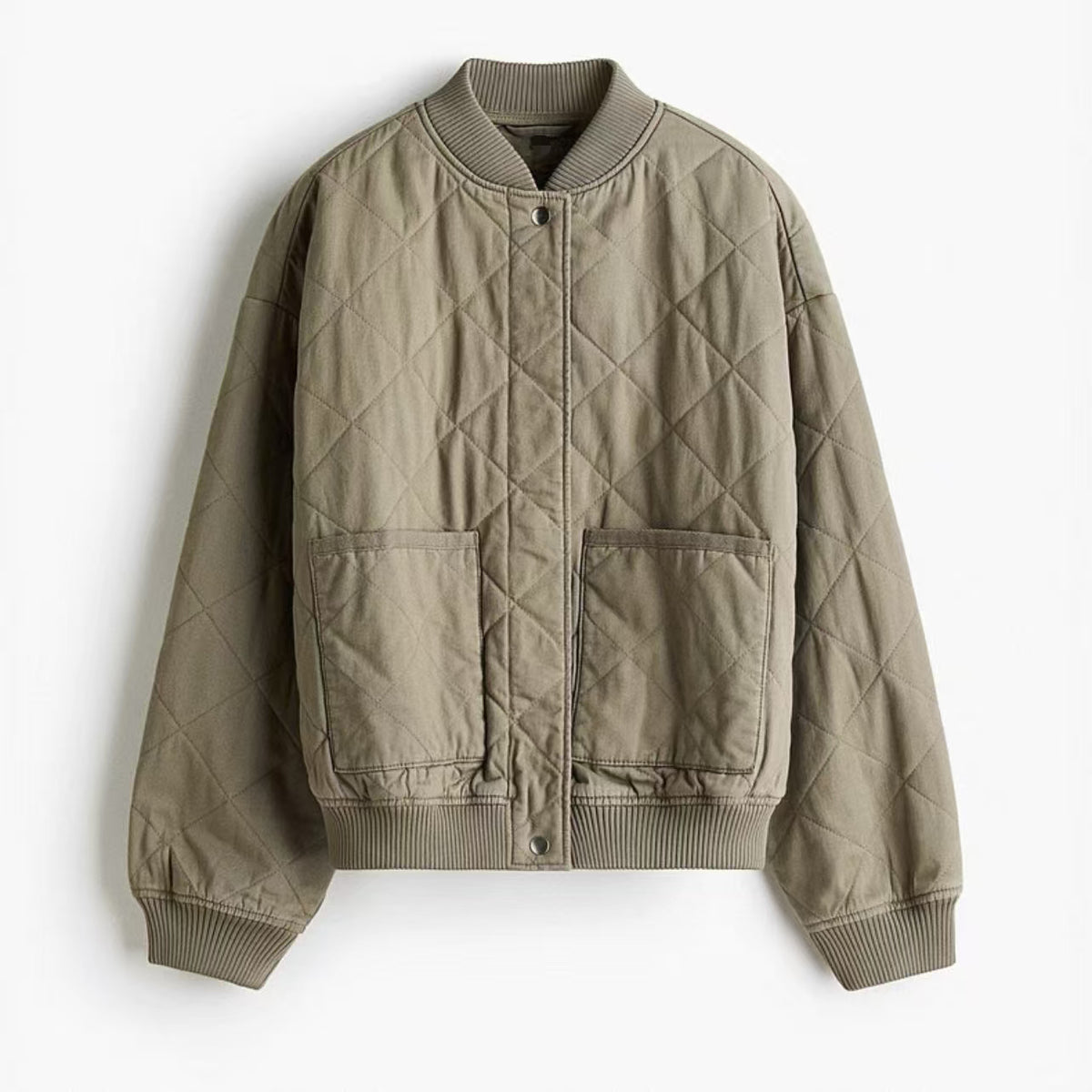 Olive quilted cotton bomber jacket with ribbed stand collar and zippered pockets