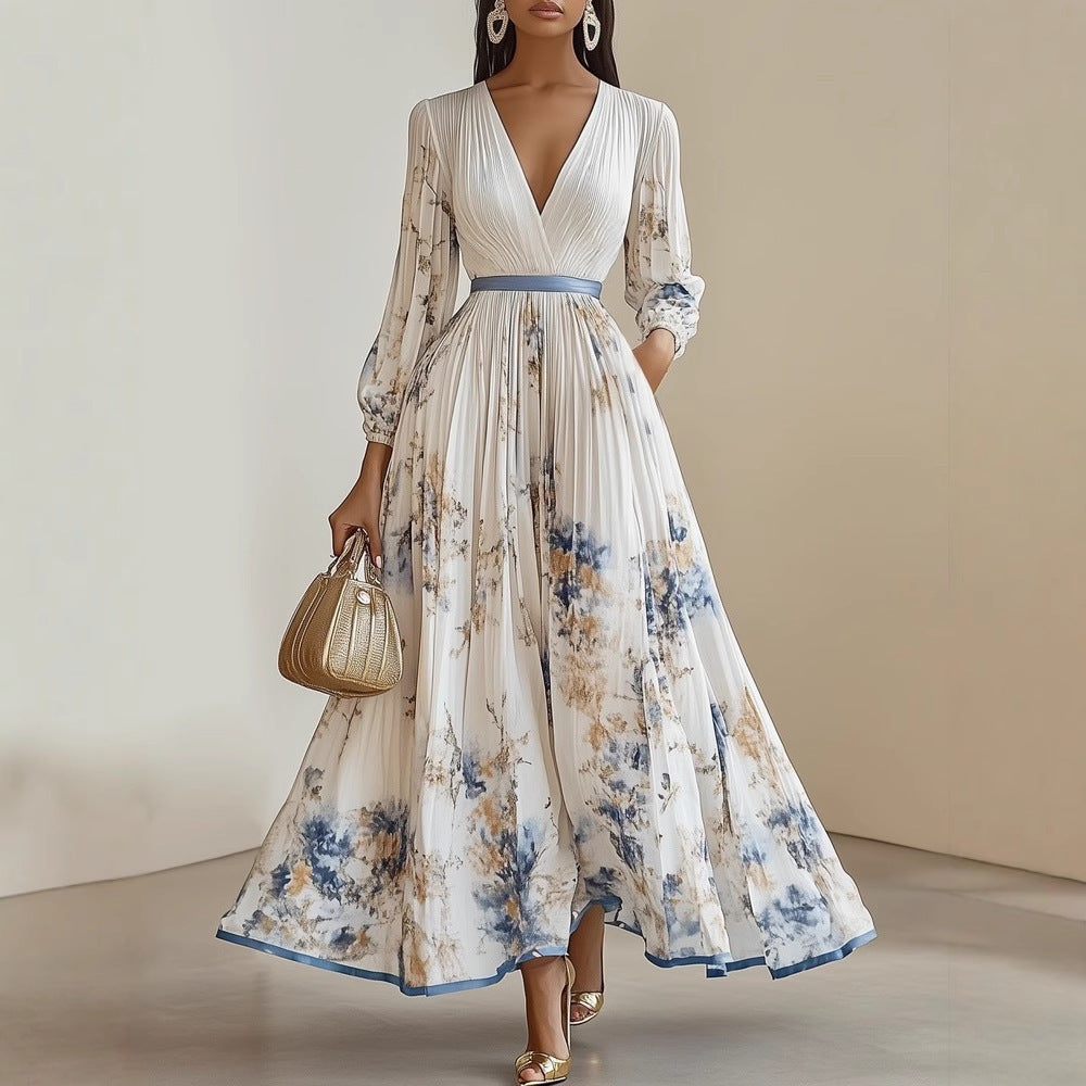 Floral chiffon maxi dress, white with blue blossoms, deep V-neck, long pleated sleeves