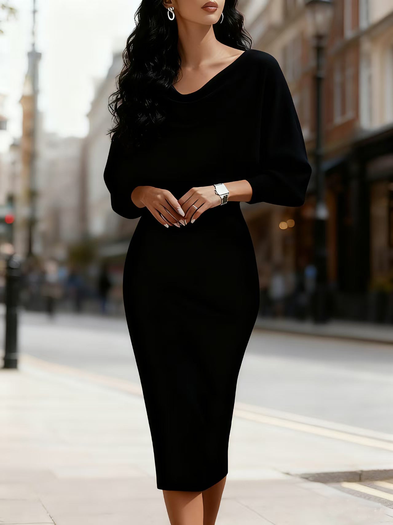 Cowl Neck Midi Dress — Batwing Sleeve Bodycon Pencil Fit for Work in Textured Knit