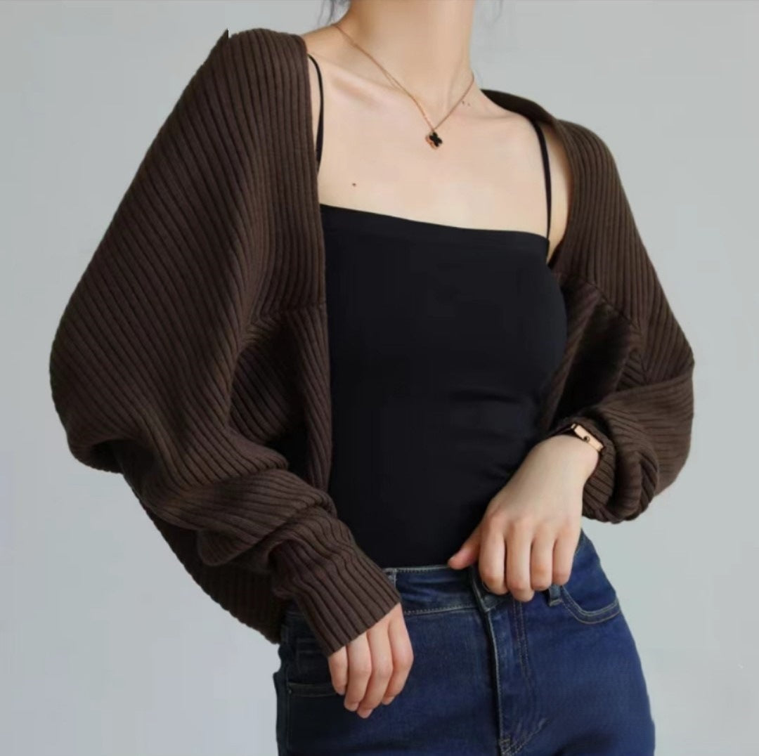 Cropped wool cardigan, brown open-front bolero with batwing sleeves, ribbed knit drape