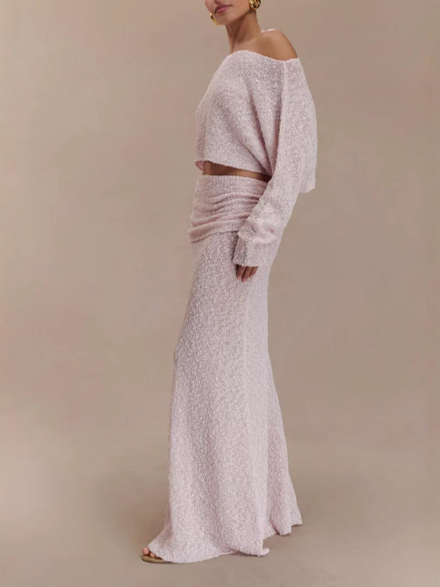 Women's knitted two-piece maxi dress set, pink one-shoulder long-sleeve top and ruched skirt
