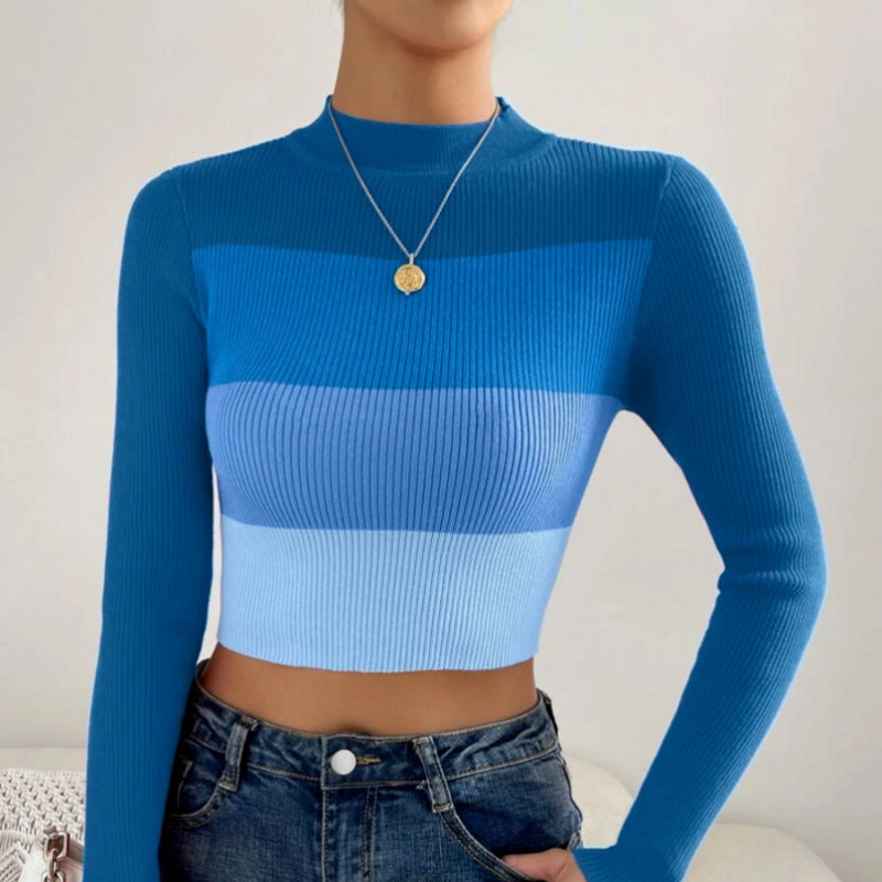 Long Sleeve Crop Top for Women — Mock Neck Color Block Slim Fit in Ribbed Knit