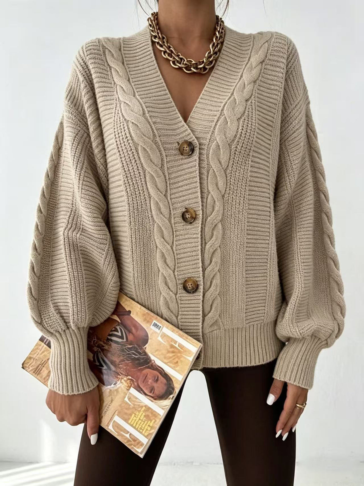 Oversized Cable Knit Cardigan for Women — Slouchy Drop Shoulder V Neck in Soft Wool