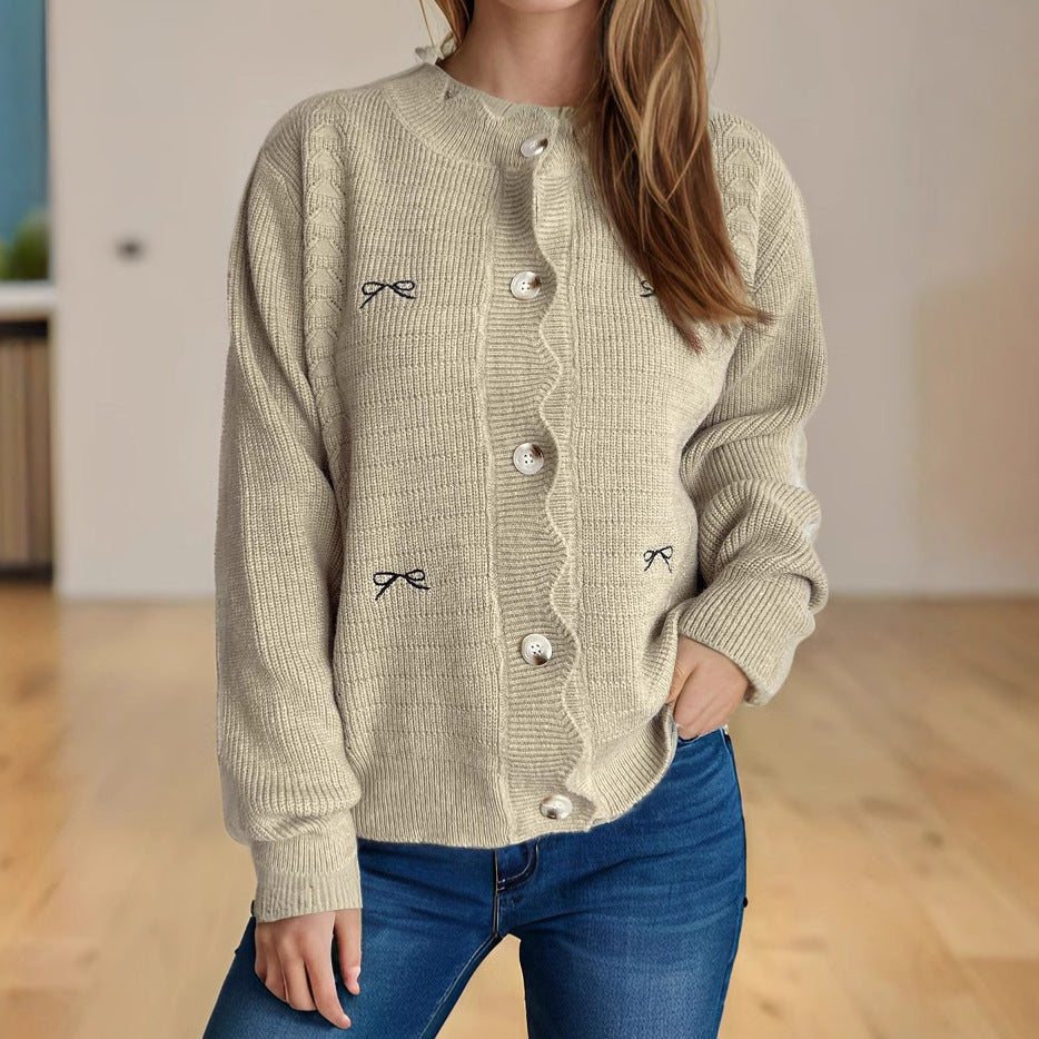 Khaki knit cardigan sweater with bow embroidery, button front, dropped shoulders