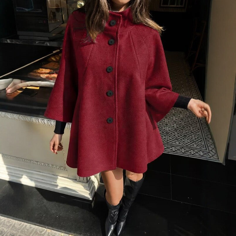 Women’s wine red single-breasted wool coat, high collar, dark buttons, flared A-line shape