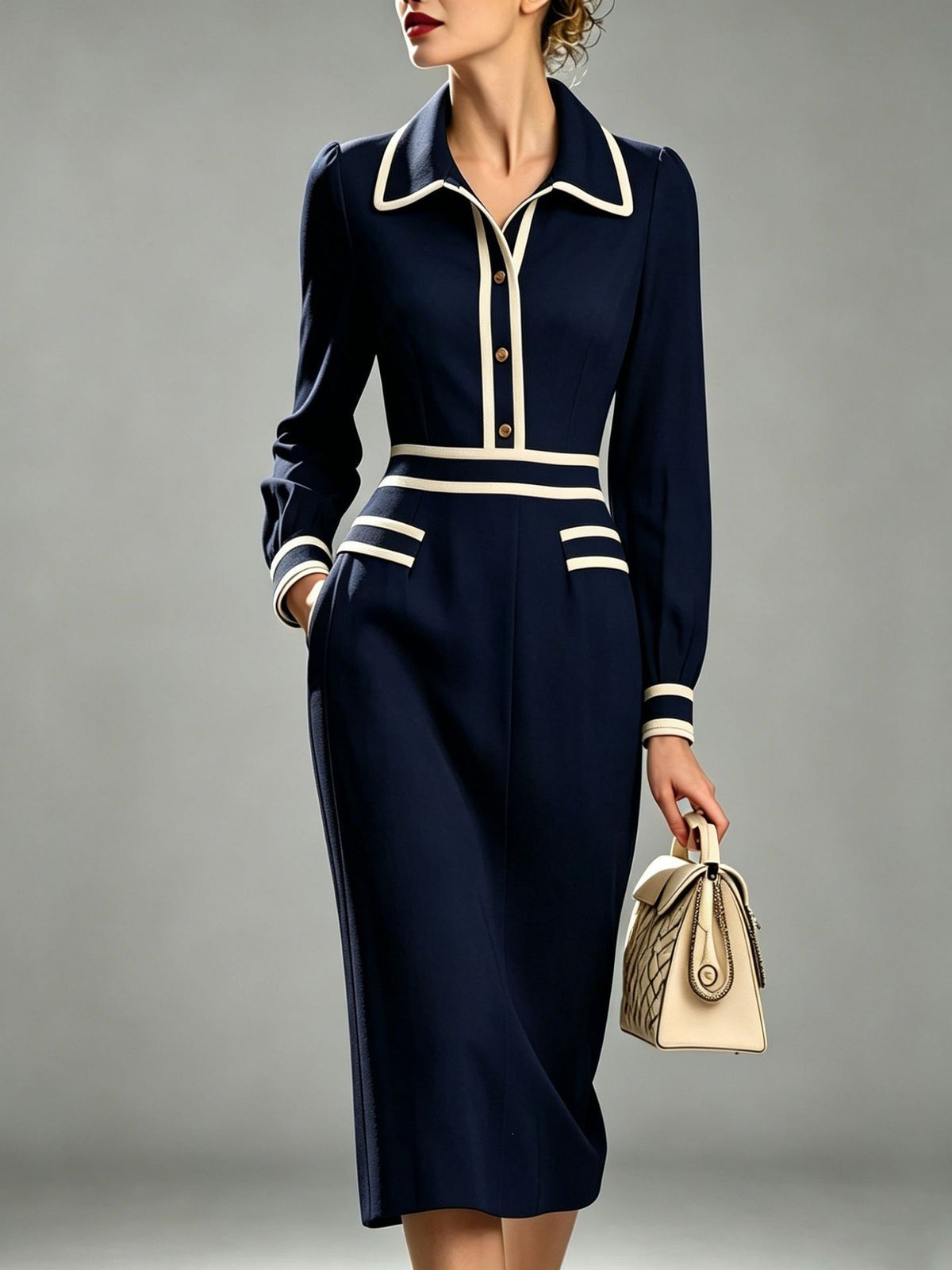 Navy knit midi dress with contrasting collar and button placket, striped waist detailing