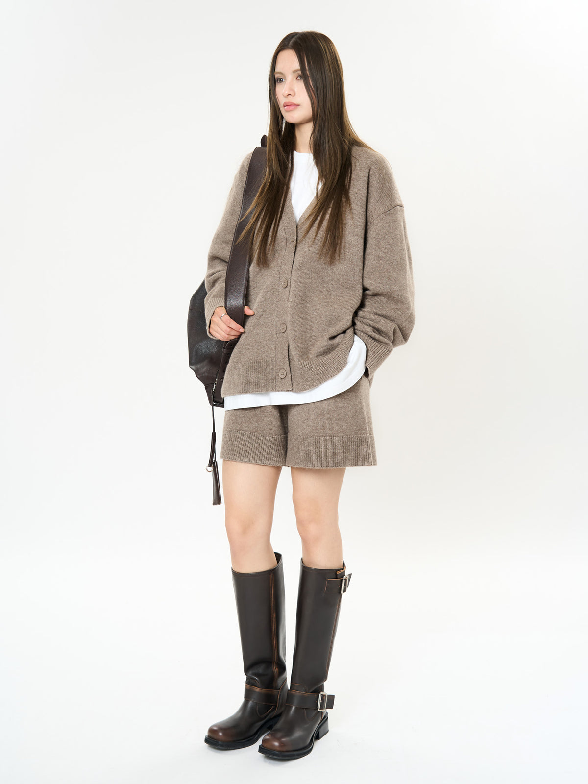 Women's wool knit V-neck cardigan, beige button-front with ribbed hem and long sleeves