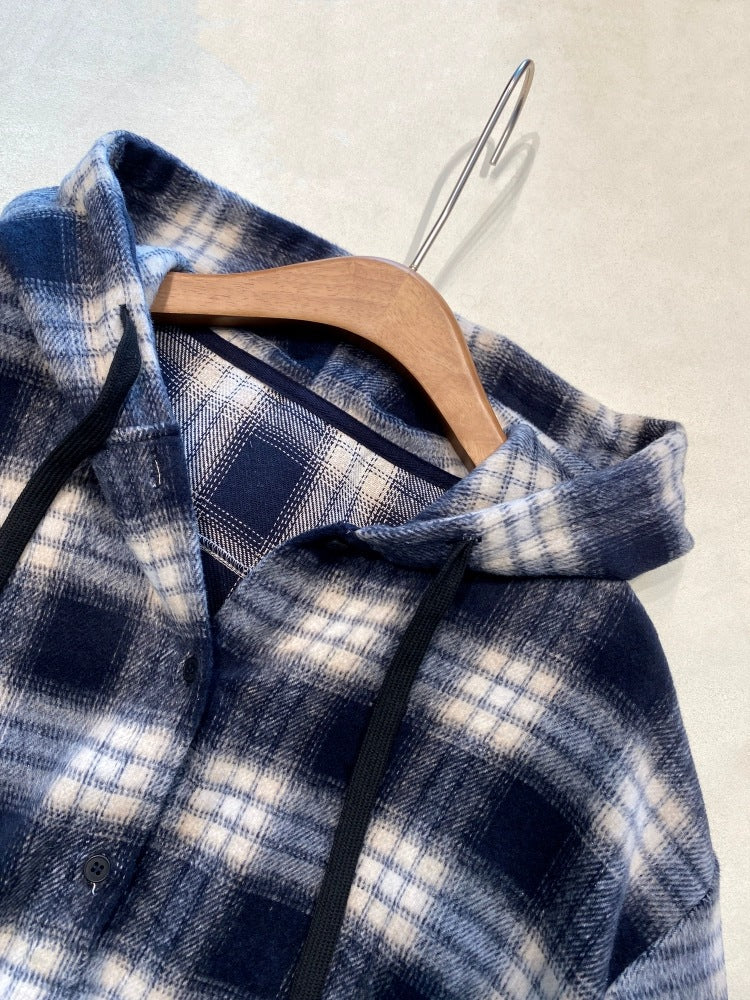 Blue plaid hooded shirt-jacket collar detail with button placket