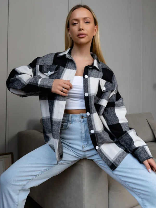 Black and white plaid shacket, open button front with flap pockets