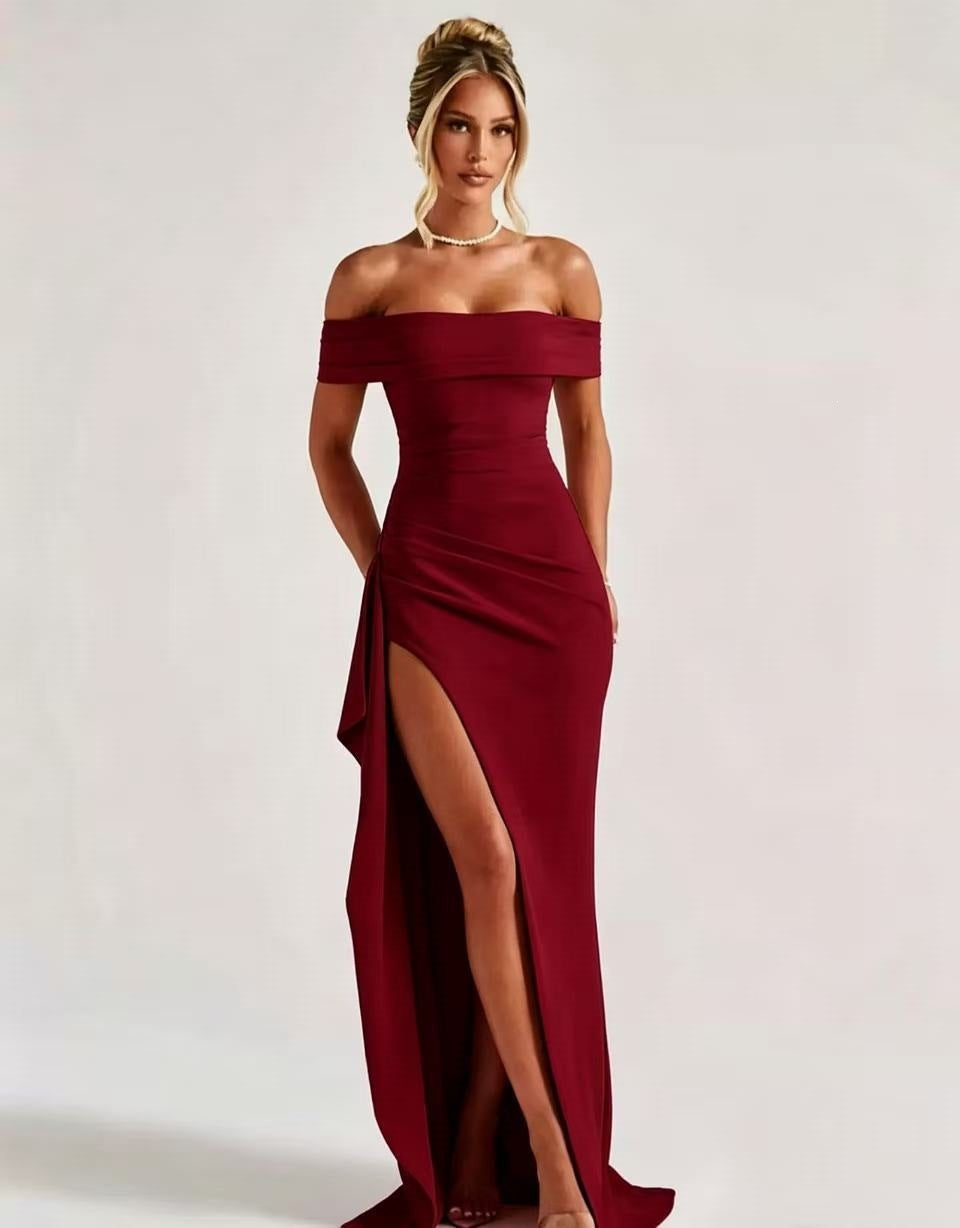 Burgundy off-shoulder ruched mermaid maxi dress with high leg slit and side drape