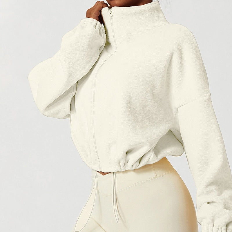 Women’s fleece-lined jacket, light beige, full-zip stand collar, drawstring hem