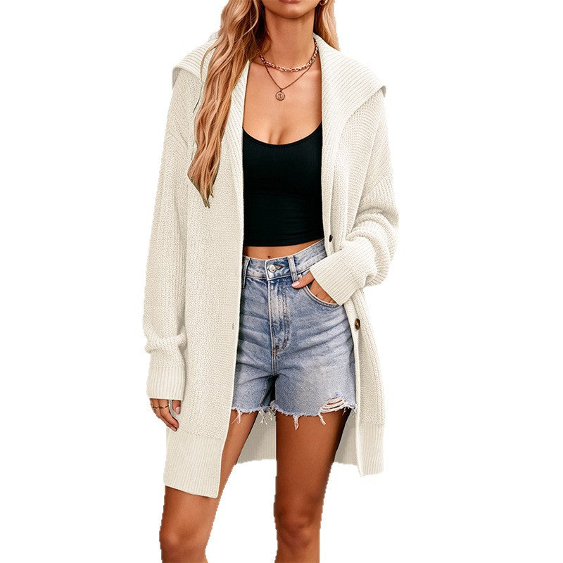 Long Hooded Cardigan for Women — Button Front Duster with Patch Pockets in Cotton