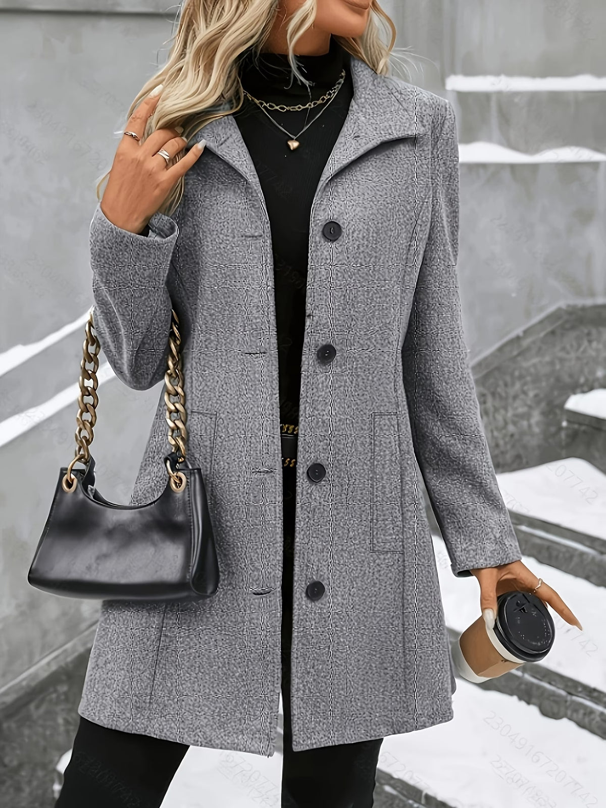 Women’s mid-length wool coat in gray, turn-down collar, single-breasted button front