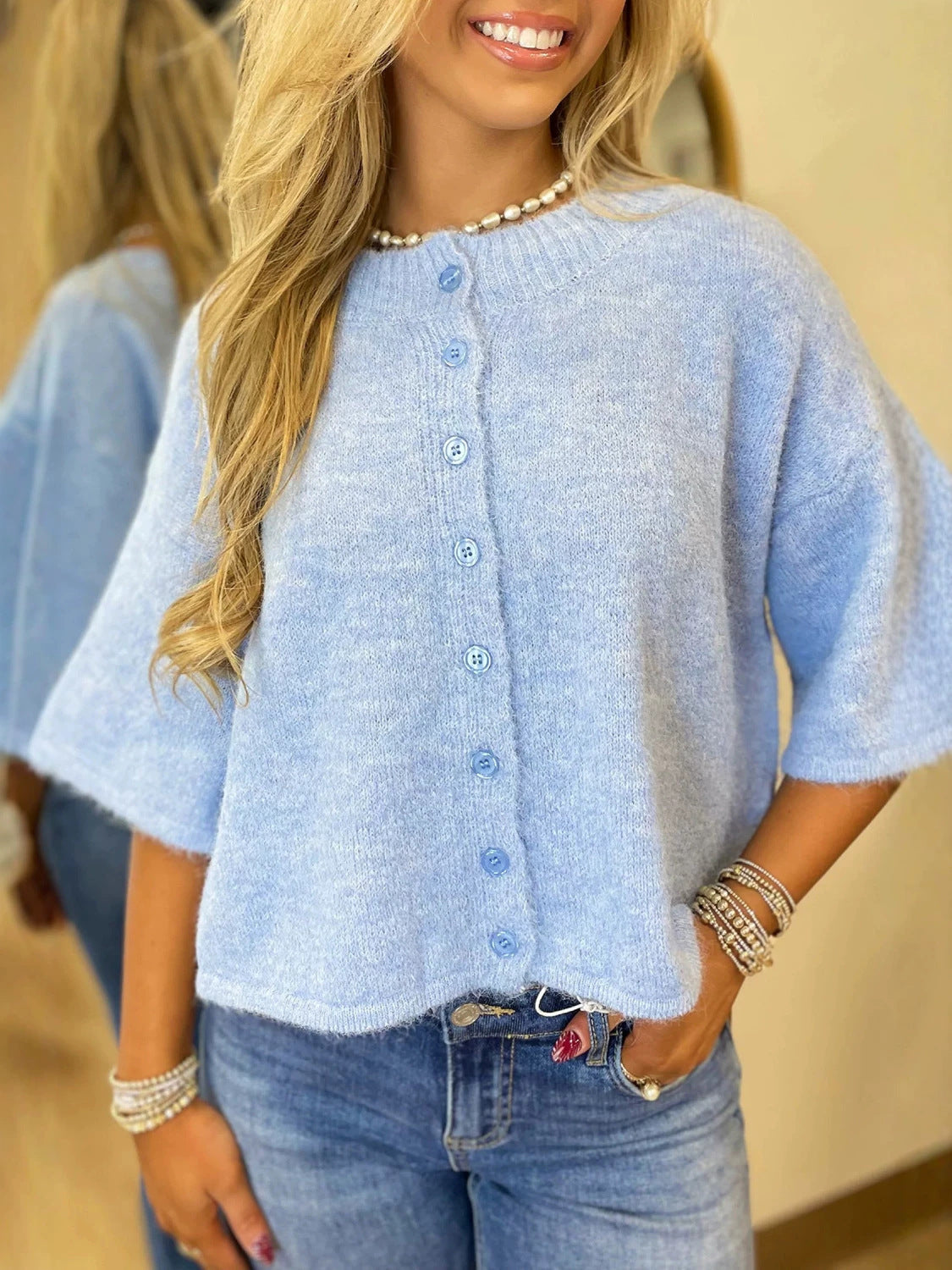 Short Sleeve Cardigan for Women — Boxy Button Front Knit in Soft Wool Blend