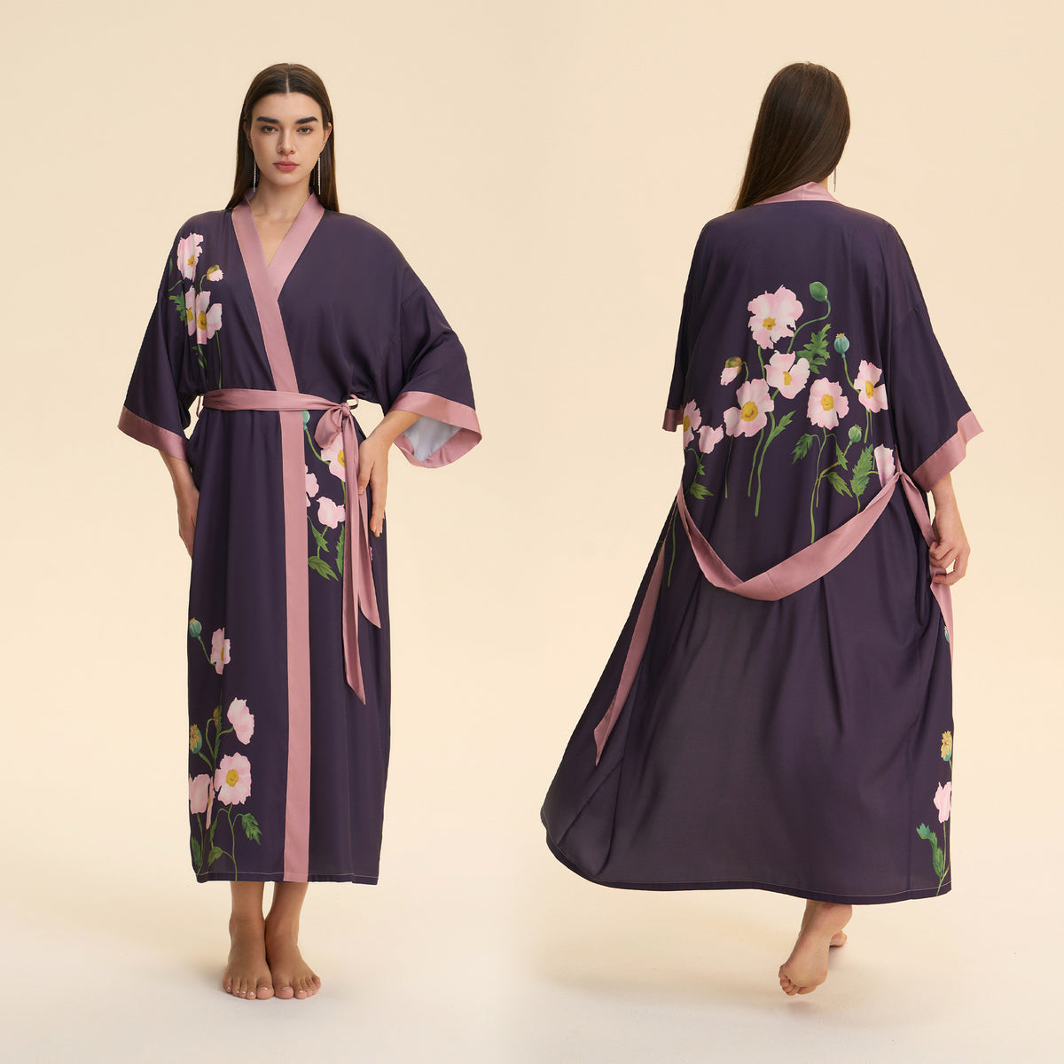 Purple satin long robe with floral back print and ribbon-tie belt