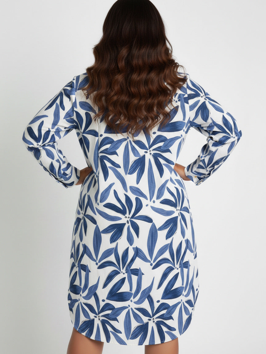 Blue and white floral leaf printed long-sleeve shirt dress with button front, back view