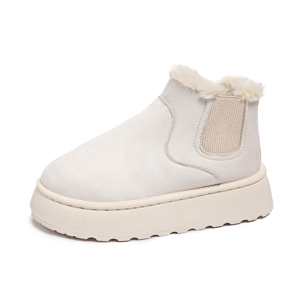 Women's white ankle boots with round toe, elastic side gore, thick sole, fur trim