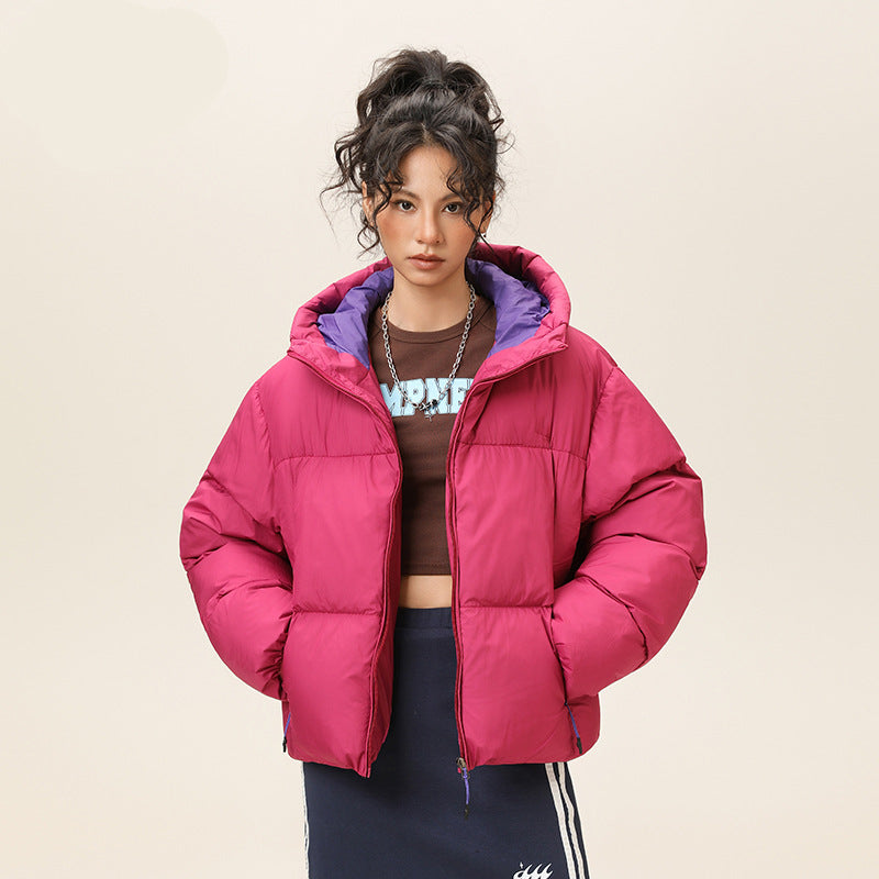 Pink hooded puffer jacket, full-zip quilted short down coat