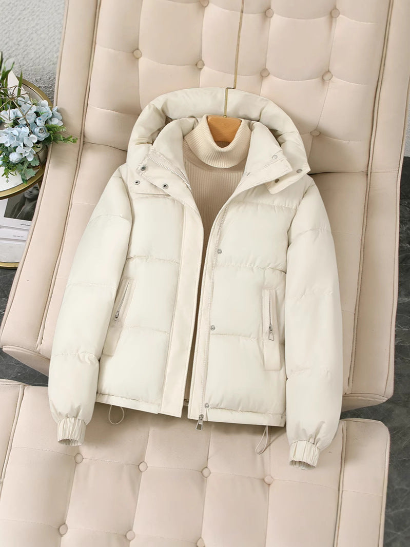 Women’s hooded short puffer jacket, off-white, full zip with snap placket and side pockets