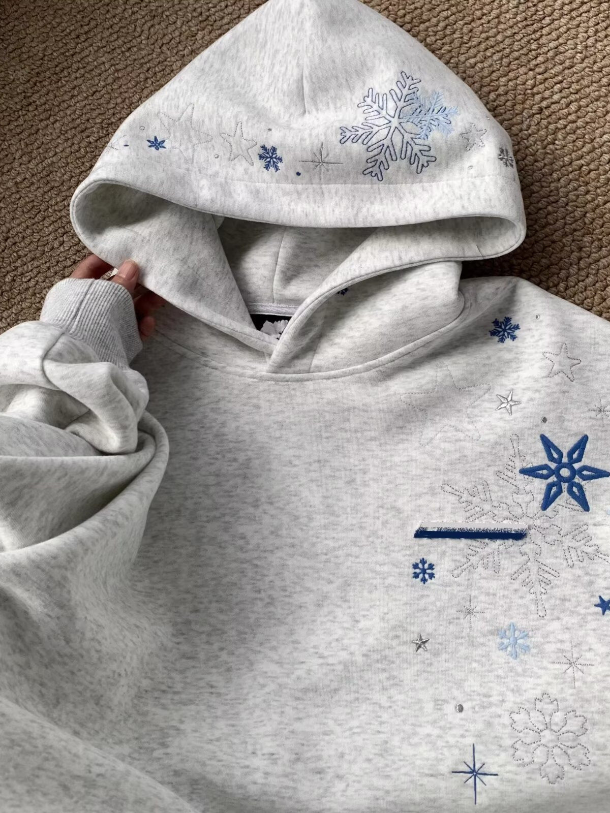Embroidered Hoodie for Women — Oversized Snowflake Pullover in Cotton Fleece