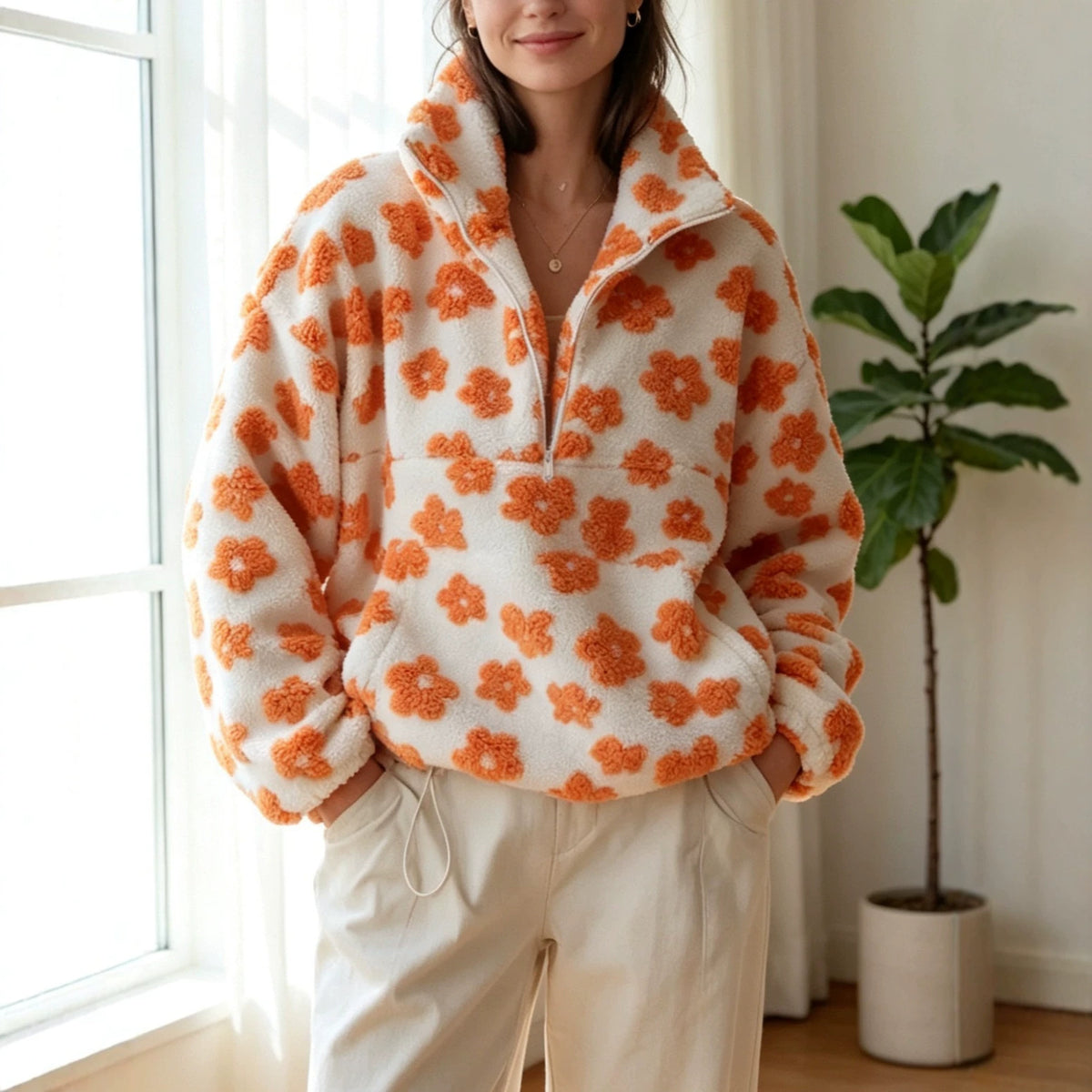 White fleece half-zip hoodie with orange floral print and hood drawstring ties