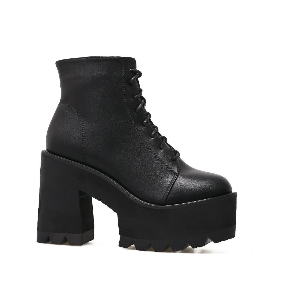 Platform Ankle Boots for Women — Chunky Lace Up Combat Style in Faux Leather