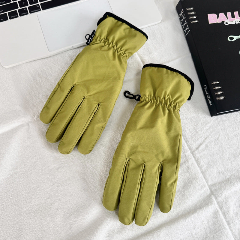 Yellow full-finger winter gloves with black-edged cuffs and stitched finger seams