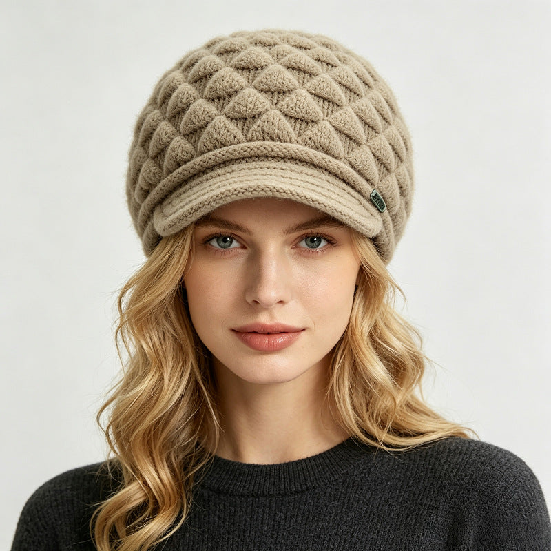 Fleece-lined knitted beanie hat with fold-up cuff, khaki beige