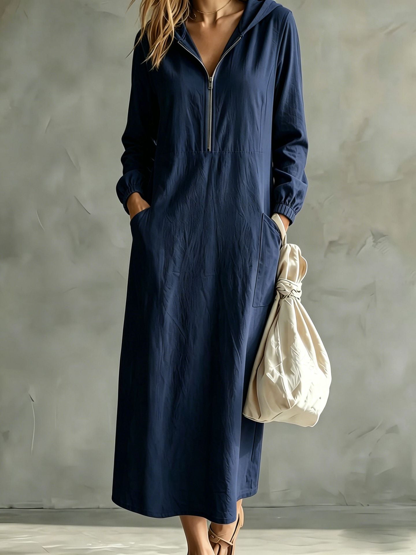 Long Sleeve Linen Maxi Dress — Casual Hooded Half Zip Style with Deep Side Pockets