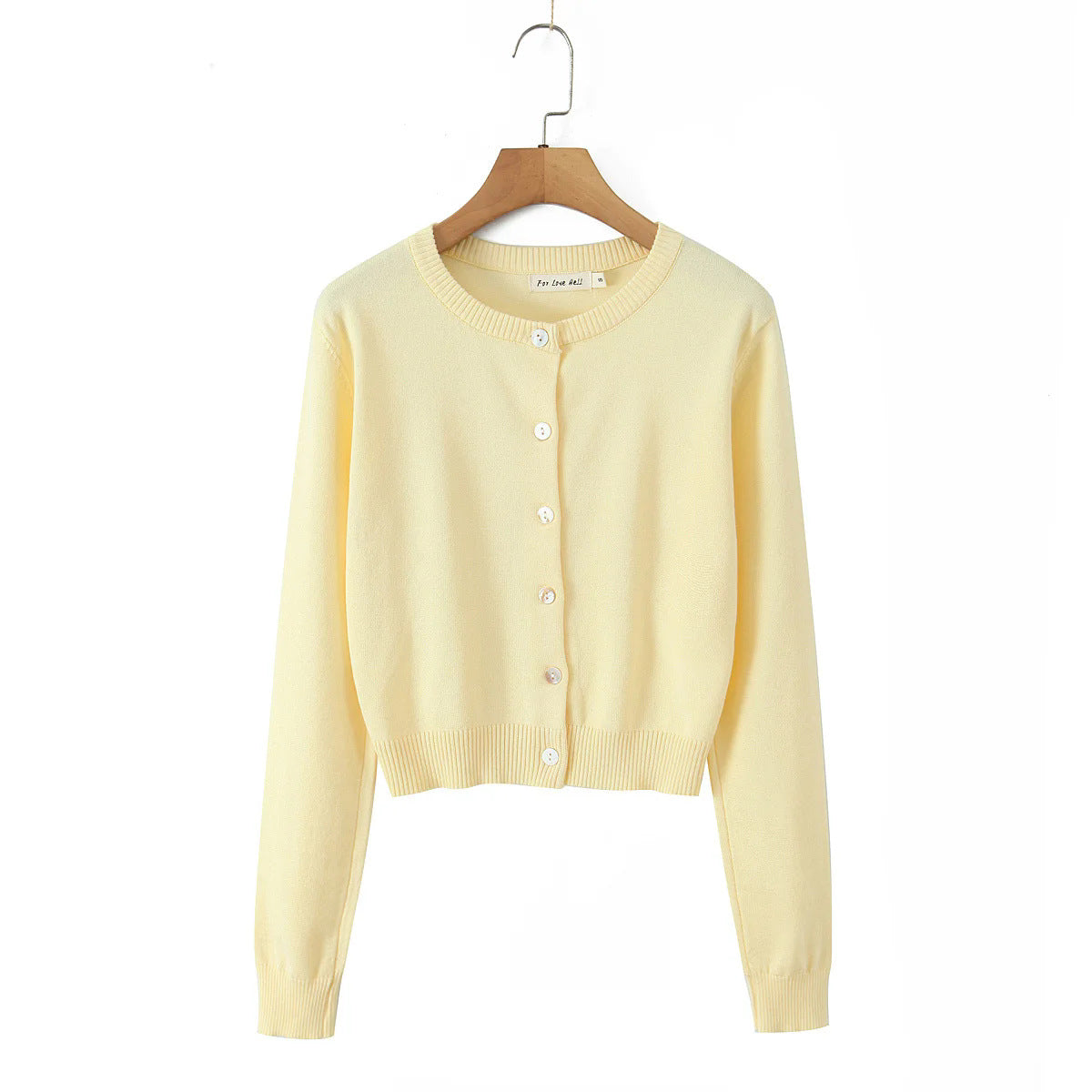 Light yellow knit cardigan, round button placket, long sleeves