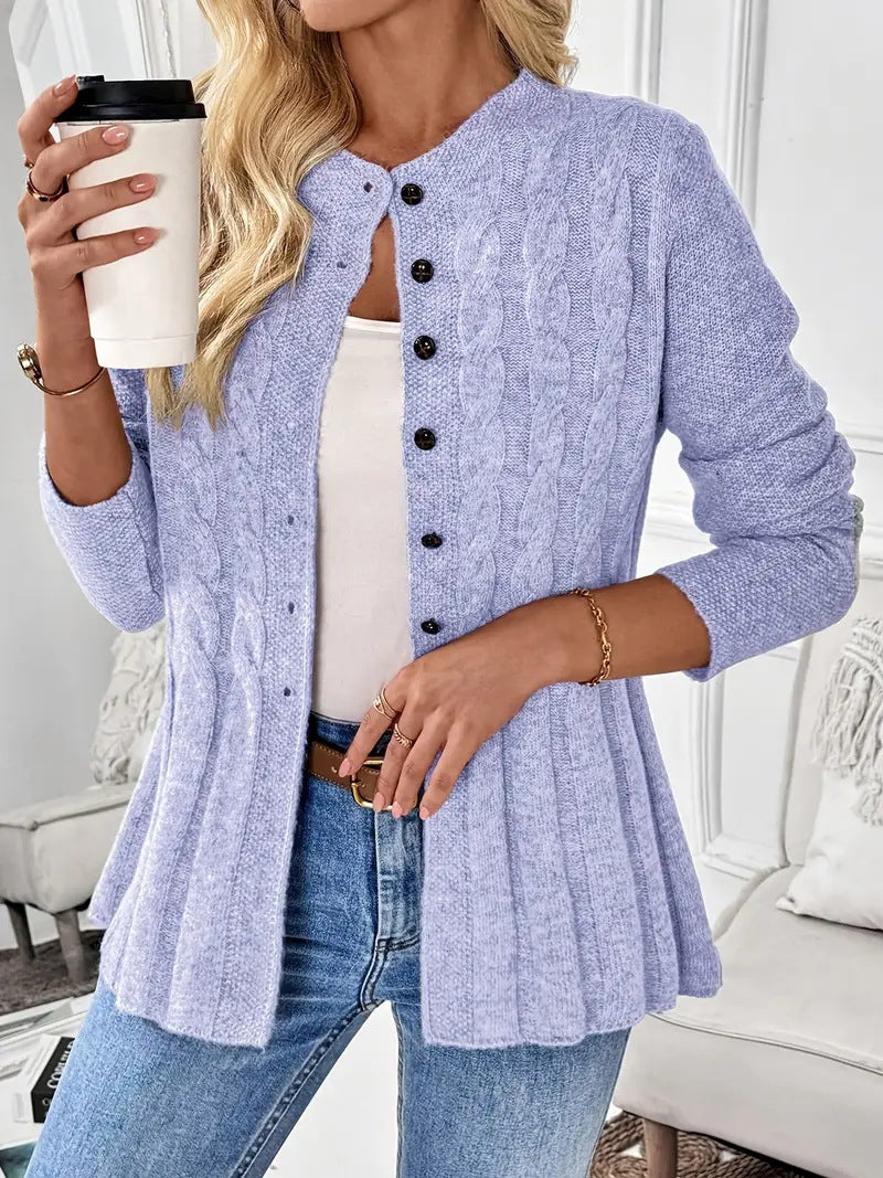 Cable Knit Cardigan for Women — Button Front with Flared Peplum Hem in Soft Wool