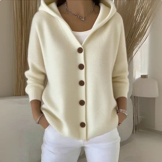 Ivory hooded knit cardigan with button-front placket and long sleeves
