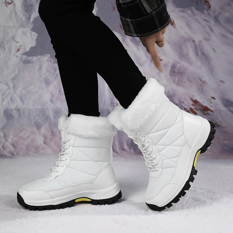 White high-top winter snow boots, fleece-lined, lace-up, rugged non-slip outsole
