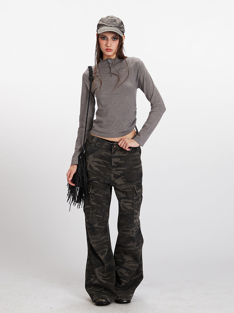 Women’s gray stand-collar knit sweater with button placket, long sleeves