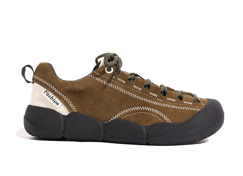 Brown platform hiking shoes with lace-up front and black thick sole
