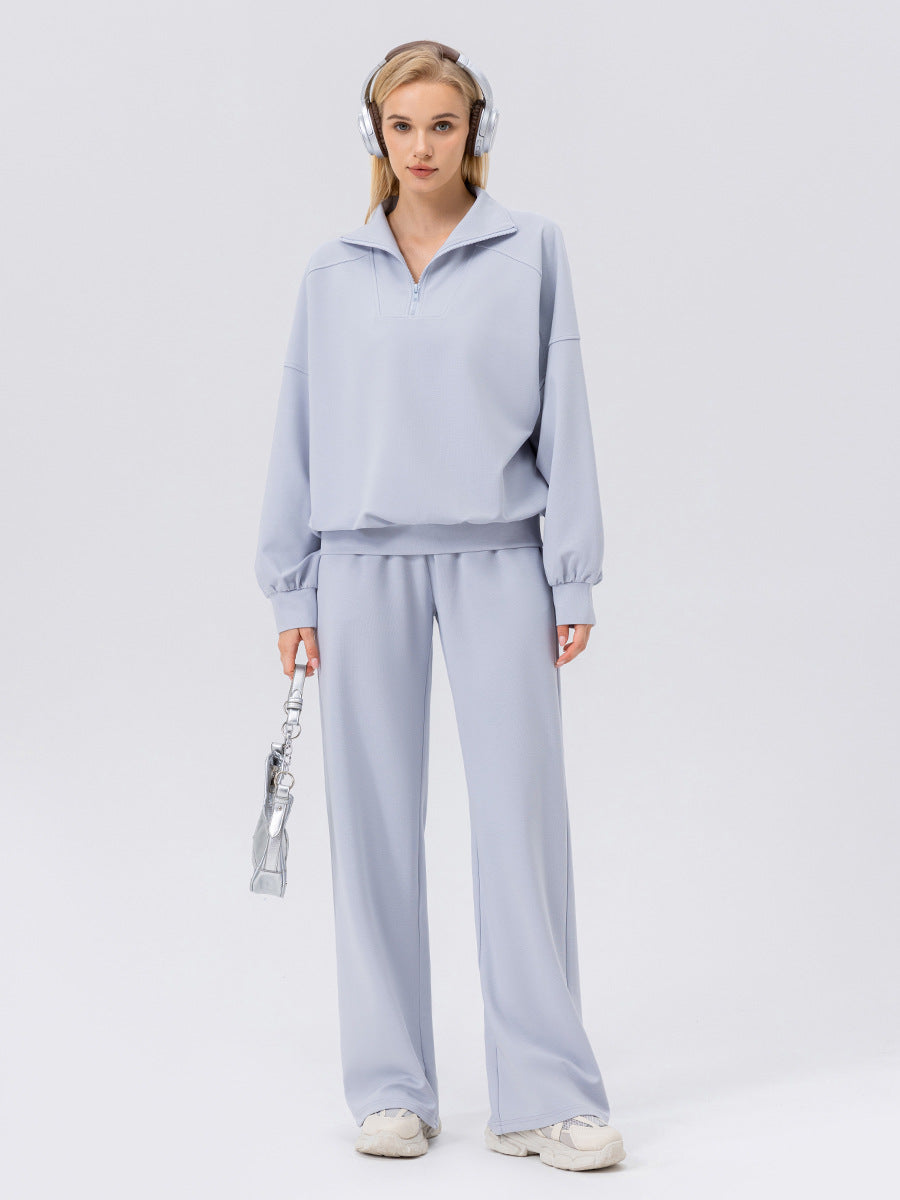 Women’s mist blue pullover sweatshirt with wide-leg pants, two-piece tracksuit set