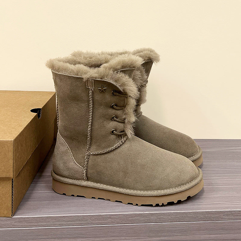 Women’s mid-calf snow boots in dark gray suede with plush fur cuff and lace-up