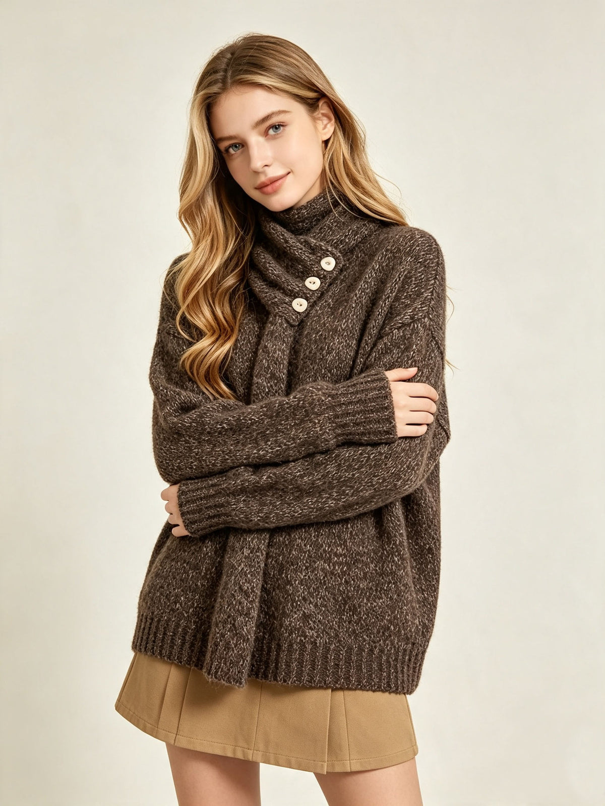 Women's brown wool knit sweater with scarf neck and two-button placket, front view