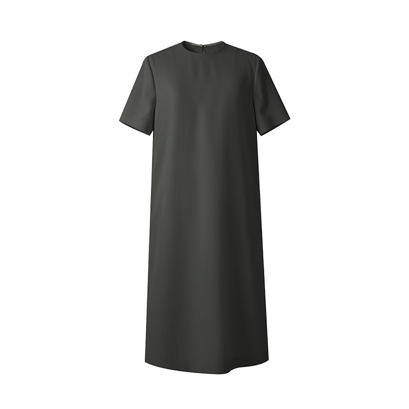 Short Sleeve Midi Dress with a Side Slit — Crew Neck Shift Style in Crepe