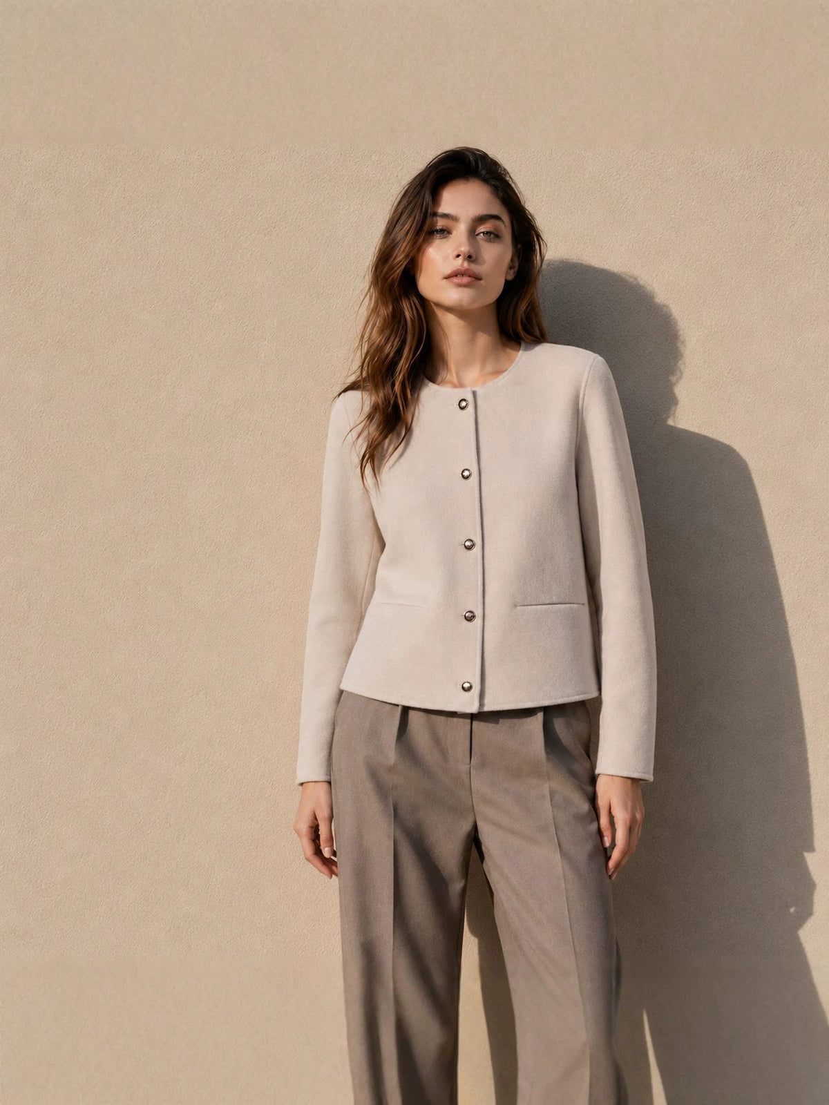 Wool Jacket for Women — Collarless Boiled Wool Style with Gold Buttons