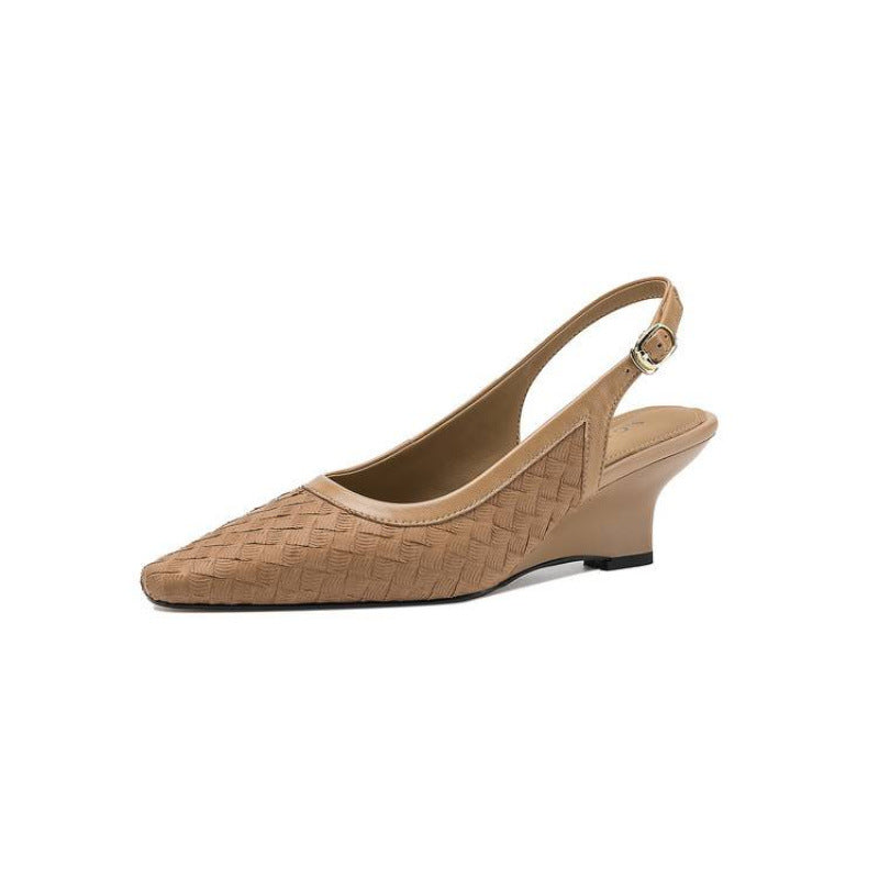 Tan square-toe wedge slingback sandals with buckle strap, front view