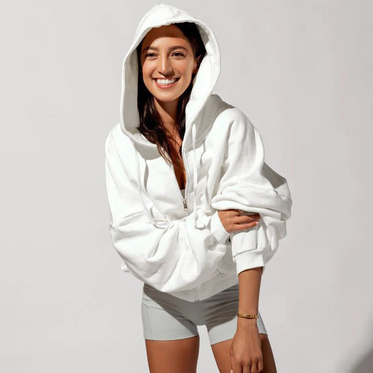 Women’s zip-front hooded sweatshirt, white, long sleeves