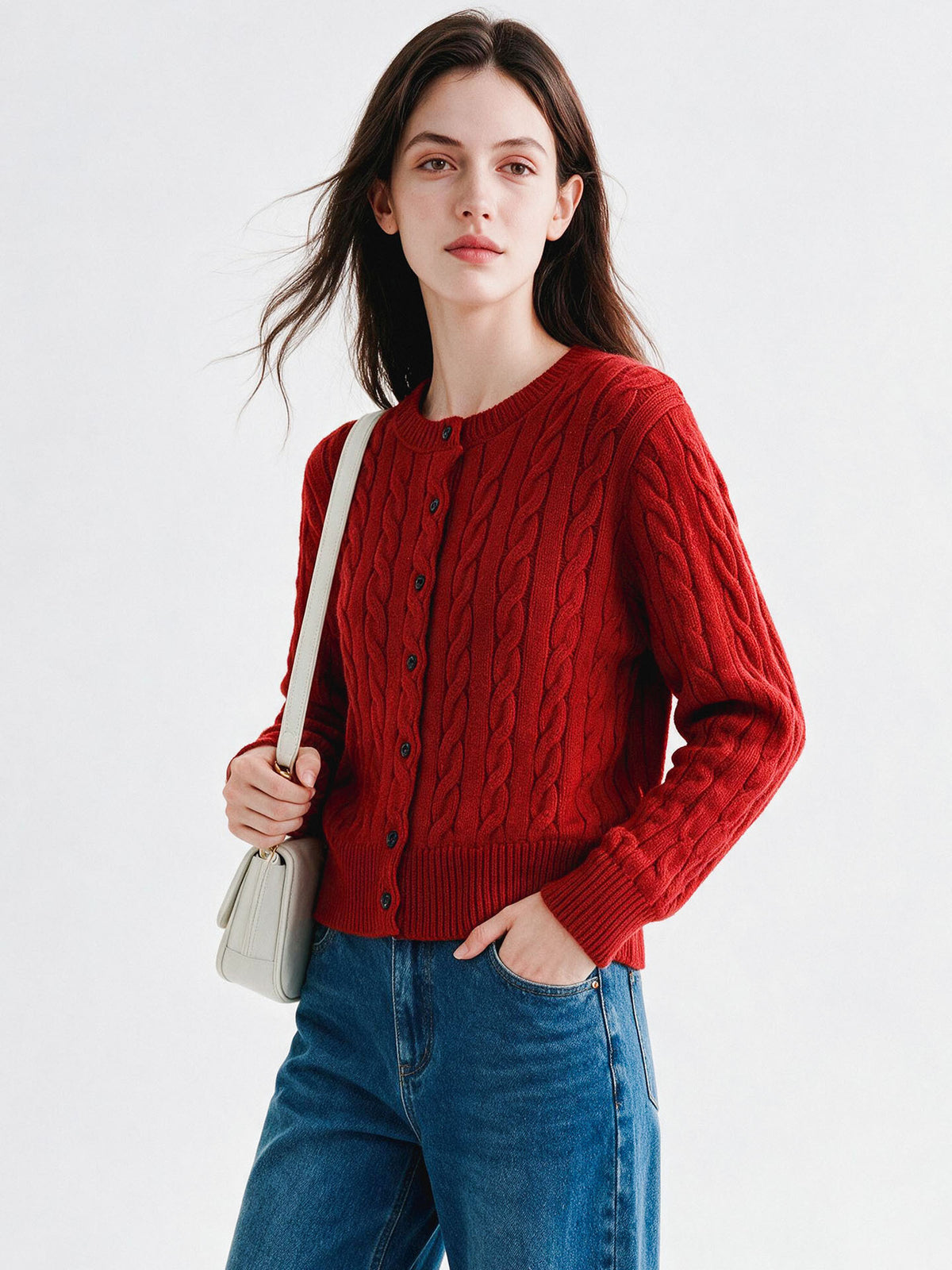 Women’s twist-knit cardigan in red, round neck, button-front, long sleeves, ribbed hem