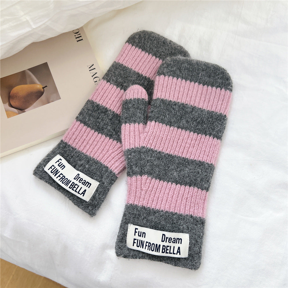 Striped knit wool two-finger gloves, gray with pink horizontal stripes