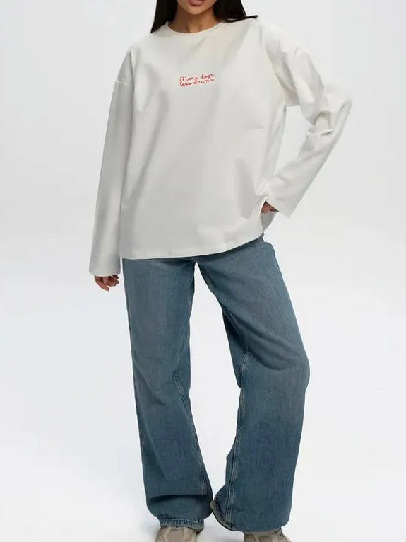 Long Sleeve T-Shirt for Women — Oversized Dachshund Back Print in Pure Cotton