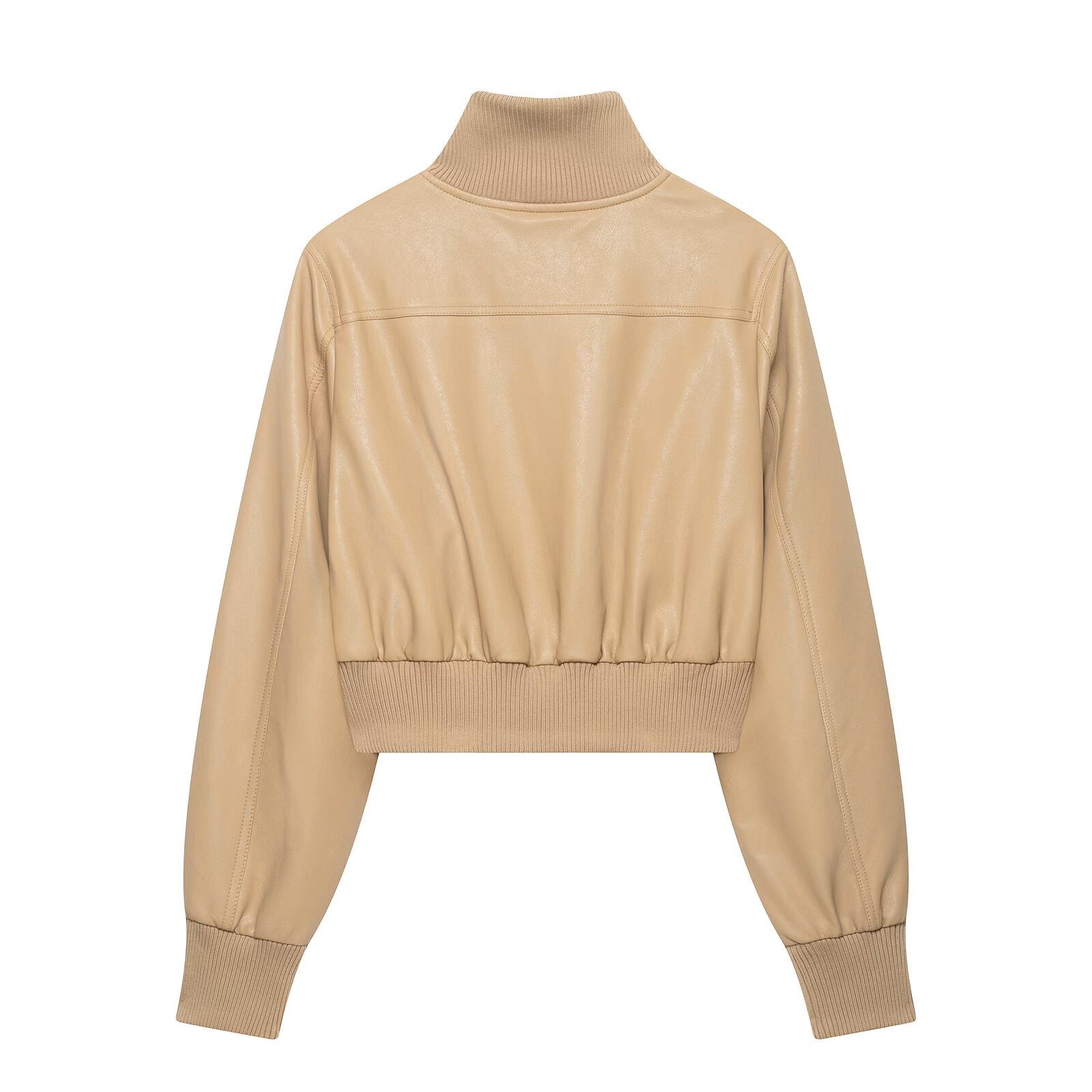 Khaki faux leather cropped bomber jacket back view with ribbed collar and hem