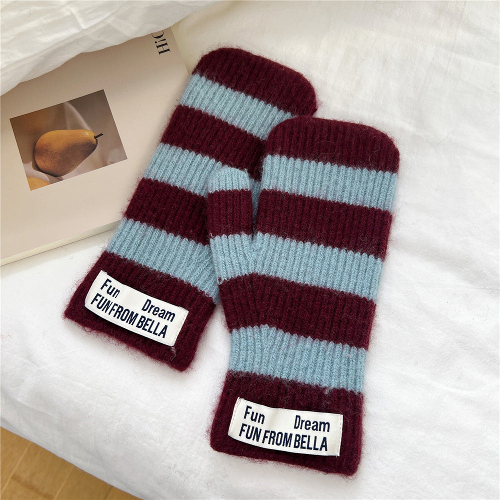 Striped knit wool two-finger gloves, burgundy with light blue horizontal stripes
