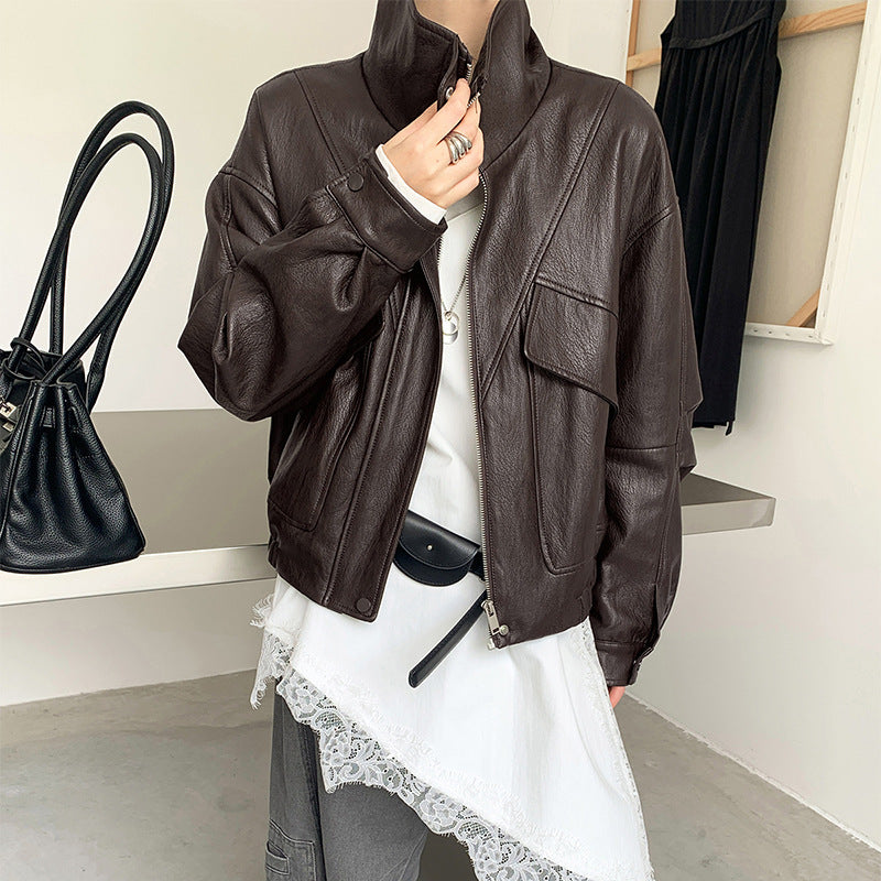 Dark PU leather biker jacket with stand collar, zip front, flap chest pockets